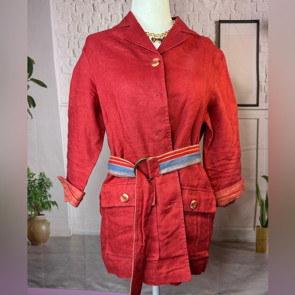 Paraphrase Red 100% linen‎ pant set with Belt